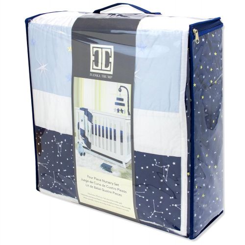  Ivanka Trump Stargazer Collection: 4pc Nursery Bedding Baby Crib Bedding Set - Blue Stars Galaxy Crib Bedding with Blue Plush Bear