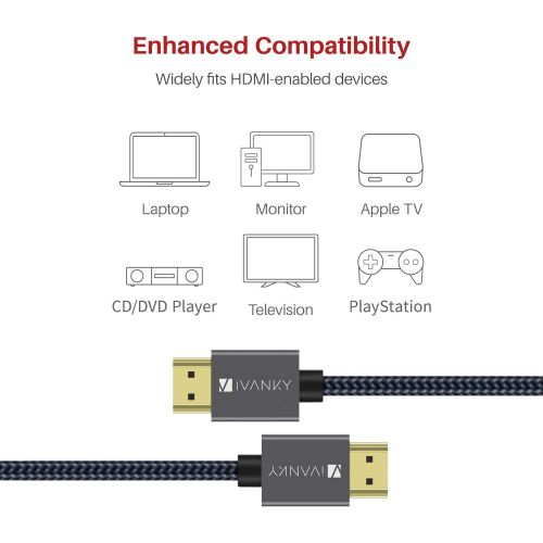  [아마존베스트]Ivanky 4K HDMI Cable 6.6 ft, iVanky High Speed 18Gbps HDMI 2.0 Cable, 4K HDR, 3D, 2160P, 1080P, Ethernet - Braided HDMI Cord 30AWG, Audio Return(ARC) Compatible UHD TV, Blu-ray, Xbox, PS4