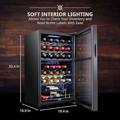  Ivation 33 Bottle Dual Zone Wine Cooler Refrigerator w/Lock | Large Freestanding Wine Cellar For Red, White, Champagne & Sparkling Wine | 41f-64f Digital Temperature Control Fridge Glass Door Black