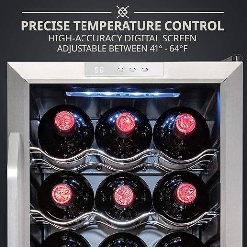  Ivation 18 Bottle Compressor Wine Cooler Refrigerator w/Lock | Large Freestanding Wine Cellar For Red, White, Champagne or Sparkling Wine | 41f-64f Digital Temperature Control Fridge Stainless Steel