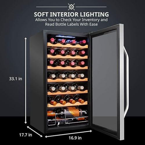  Ivation 28 Bottle Compressor Wine Cooler Refrigerator w/Lock | Large Freestanding Wine Cellar For Red, White, Champagne or Sparkling Wine | 41f-64f Digital Temperature Control Fridge Stainless Steel