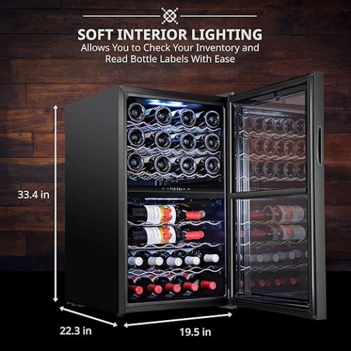  Ivation 43 Bottle Dual Zone Wine Cooler Refrigerator w/Lock | Large Freestanding Wine Cellar For Red, White, Champagne & Sparkling Wine | 41f-64f Digital Temperature Control Fridge Glass Door Black