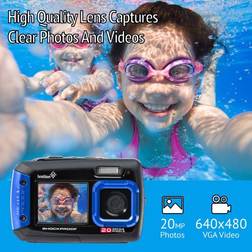  Ivation 20MP Underwater Shockproof Digital Camera & Video Camera w/Dual Full-Color LCD Displays  Fully Waterproof & Submersible Up to 10 Feet (Blue)