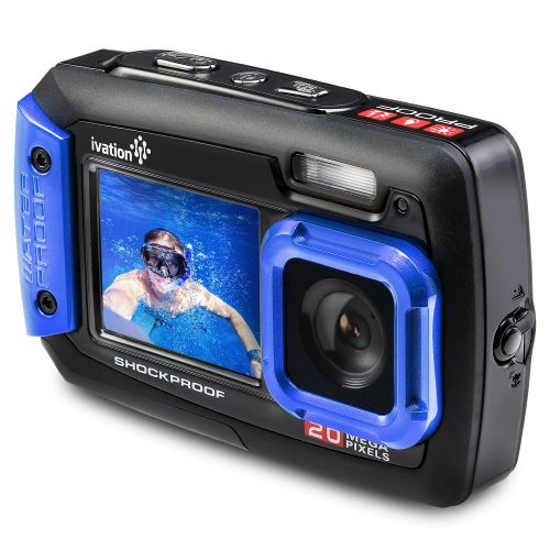  Ivation 20MP Underwater Shockproof Digital Camera & Video Camera w/Dual Full-Color LCD Displays  Fully Waterproof & Submersible Up to 10 Feet (Blue)