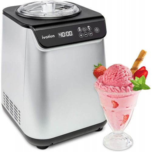  Ivation Automatic Ice Cream Maker Machine, No Pre-freezing Necessary with Built-in Compressor, Stainless Steel Gelato Maker, LCD Screen, Digital Timer, Removable Bowl, Clear Lid