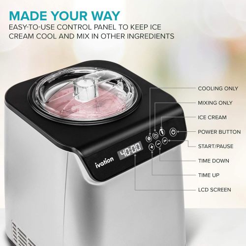  Ivation Automatic Ice Cream Maker Machine, No Pre-freezing Necessary with Built-in Compressor, Stainless Steel Gelato Maker, LCD Screen, Digital Timer, Removable Bowl, Clear Lid