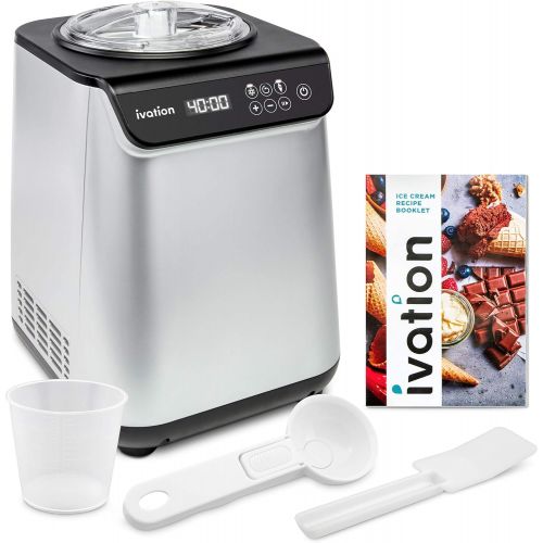  Ivation Automatic Ice Cream Maker Machine, No Pre-freezing Necessary with Built-in Compressor, Stainless Steel Gelato Maker, LCD Screen, Digital Timer, Removable Bowl, Clear Lid