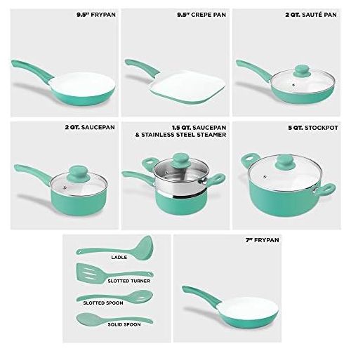  Ivation Ceramic Cookware 16-Piece Nonstick Cookware Set with Induction Base, SoftGrip Handles & Clear Glass Lids Compatible with Induction, Ceramic, Gas, Electric & Halogen Cooktop