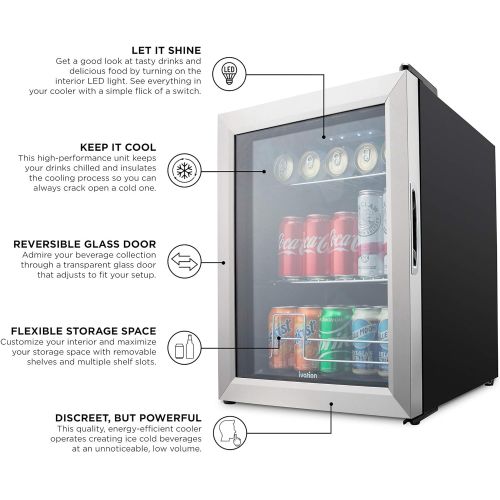  [아마존베스트]Ivation 62 Can Beverage Refrigerator | Freestanding Ultra Cool Mini Drink Fridge | Beer, Cocktails, Soda, Juice Cooler for Home & Office | Reversible Glass Door & Adjustable Shelvi