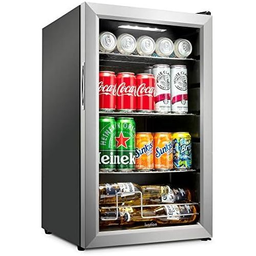  Ivation 101 Can Beverage Refrigerator Freestanding Ultra Cool Mini Drink Fridge Beer, Cocktails, Soda, Juice Cooler for Home & Office Reversible Glass Door & Adjustable Shelving, S