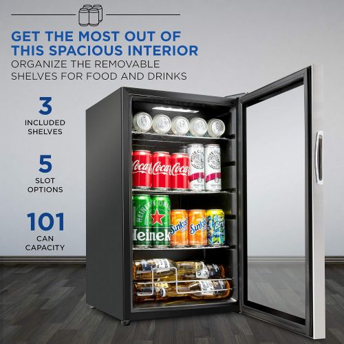  Ivation 101 Can Beverage Refrigerator Freestanding Ultra Cool Mini Drink Fridge Beer, Cocktails, Soda, Juice Cooler for Home & Office Reversible Glass Door & Adjustable Shelving, S