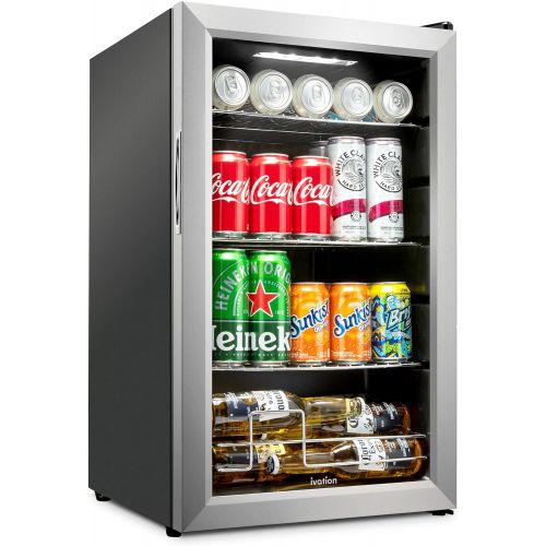  Ivation 101 Can Beverage Refrigerator Freestanding Ultra Cool Mini Drink Fridge Beer, Cocktails, Soda, Juice Cooler for Home & Office Reversible Glass Door & Adjustable Shelving, S