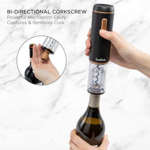  Ivation Electronic Wine Opener Gift Set ? Cordless Rechargeable Wine Bottle Cork Extractor with Black & Copper Automatic Corkscrew, Hideaway Foil Cutter, Built-in Light & Lithium B
