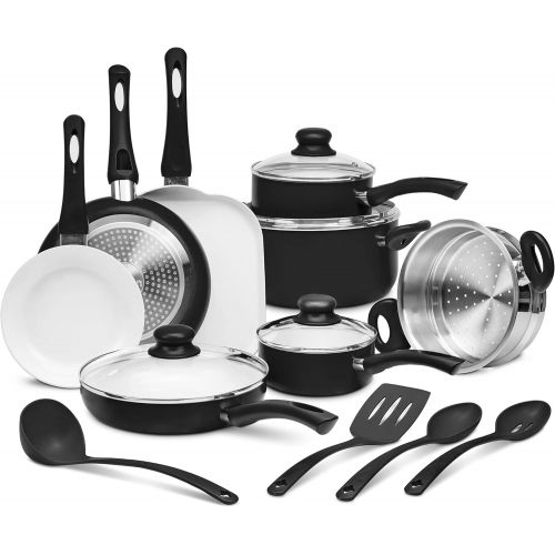  Ivation Ceramic Cookware 16-Piece Nonstick Cookware Set with Induction Base, SoftGrip Handles & Clear Glass Lids Compatible with Induction, Ceramic, Gas, Electric & Halogen Cooktop