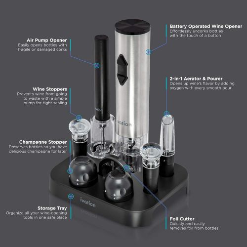  [아마존베스트]Ivation 9-Piece Wine Opener Gift Set | Deluxe Bar Kit with Electric Battery-Operated Bottle Opener, Air Pump Cork Extractor, Aerator Pourer, Wine Stoppers, Champagne Stoppers, Foil