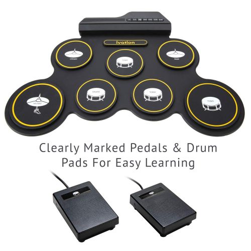  Ivation Portable Electronic Drum Pad - Digital Roll-Up Touch Sensitive Drum Practice Kit - 7 Labeled Pads 2 Foot Pedals Kids Children Beginners (No SpeakersAAA Battery Operated)