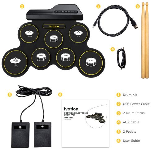  Ivation Portable Electronic Drum Pad - Digital Roll-Up Touch Sensitive Drum Practice Kit - 7 Labeled Pads 2 Foot Pedals Kids Children Beginners (No SpeakersAAA Battery Operated)