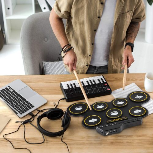  Ivation Portable Electronic Drum Pad - Digital Roll-Up Touch Sensitive Drum Practice Kit - 7 Labeled Pads 2 Foot Pedals Kids Children Beginners (No SpeakersAAA Battery Operated)