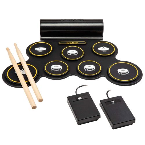  Ivation Portable Electronic Drum Pad - Digital Roll-Up Touch Sensitive Drum Practice Kit - 7 Labeled Pads 2 Foot Pedals Kids Children Beginners (With Speaker and Built in Rechargea