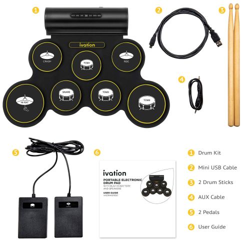  Ivation Portable Electronic Drum Pad - Digital Roll-Up Touch Sensitive Drum Practice Kit - 7 Labeled Pads 2 Foot Pedals Kids Children Beginners (With Speaker and Built in Rechargea