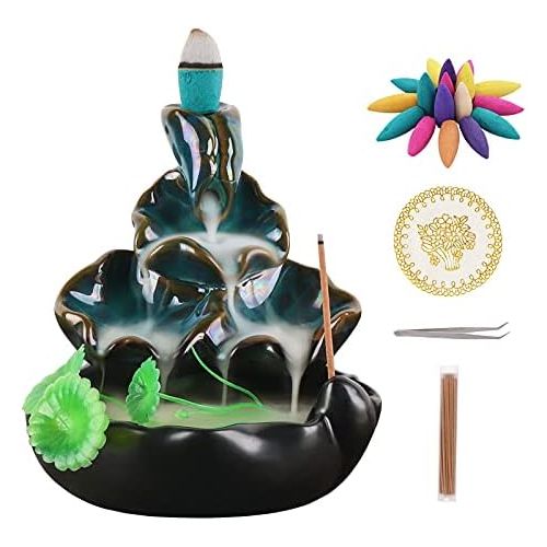  인센스스틱 Ivenf Backflow Incense Burner, Back Flowing Incense Holder, Waterfall Incense Burner with 40 Cones, 40 Incense Sticks for Home Decoration, Ceramic Censer, Green