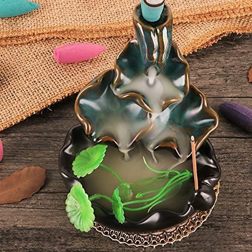  인센스스틱 Ivenf Backflow Incense Burner, Back Flowing Incense Holder, Waterfall Incense Burner with 40 Cones, 40 Incense Sticks for Home Decoration, Ceramic Censer, Green