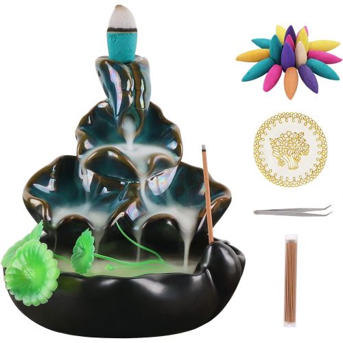  인센스스틱 Ivenf Backflow Incense Burner, Back Flowing Incense Holder, Waterfall Incense Burner with 40 Cones, 40 Incense Sticks for Home Decoration, Ceramic Censer, Green