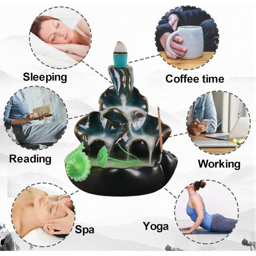  인센스스틱 Ivenf Backflow Incense Burner, Back Flowing Incense Holder, Waterfall Incense Burner with 40 Cones, 40 Incense Sticks for Home Decoration, Ceramic Censer, Green