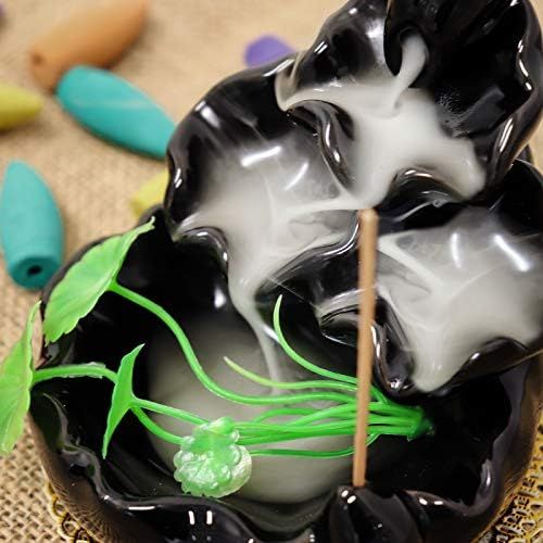  인센스스틱 Ivenf Backflow Incense Burner, Back Flowing Incense Holder, Waterfall Incense Burner with 40 Cones, 40 Incense Sticks for Home Decoration, Ceramic Censer, Black