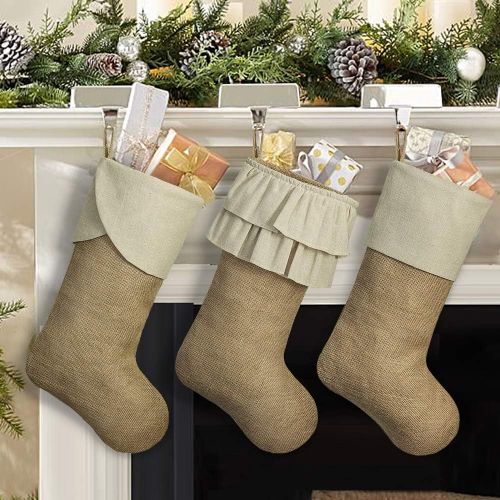  Ivenf Christmas Stockings, 3 Pack 18 inches Large Burlap Stockings with Cream Ruffle Cuff, Fireplace Hanging Stockings for Xmas Party Decorations Home Decor