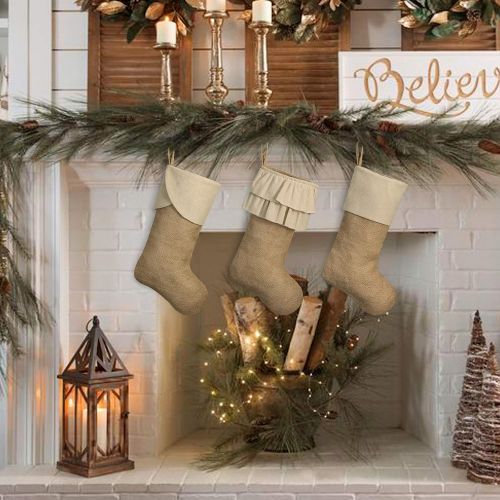  Ivenf Christmas Stockings, 3 Pack 18 inches Large Burlap Stockings with Cream Ruffle Cuff, Fireplace Hanging Stockings for Xmas Party Decorations Home Decor