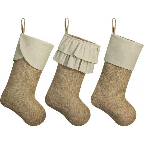  Ivenf Christmas Stockings, 3 Pack 18 inches Large Burlap Stockings with Cream Ruffle Cuff, Fireplace Hanging Stockings for Xmas Party Decorations Home Decor