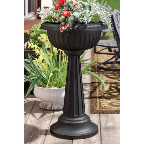  J&M Garden Urn Planter Entryway Decorative Pedestal Flower Pot in Black Color 31 H