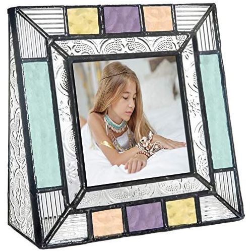  [아마존베스트]J Devlin Glass Art Colorful Glass Picture Frames Square 3x3 Photo Table Top Blue Peach Purple Turquoise Home Decor Family Baby Gift J Devlin Pic 372-33