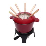 J Miles Co. JMilles UH-CI256 1.5QT Cast Iron enamel Fondue Set, Stylish Red Porcelain Enamel