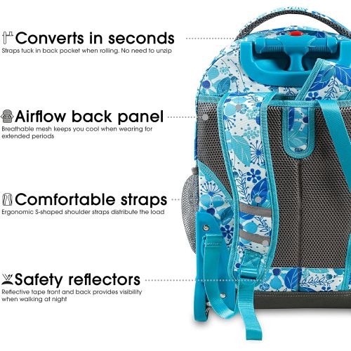  J World New York Sunrise Rolling Backpack. Roller Bag with Wheels, Blue Vine, 18