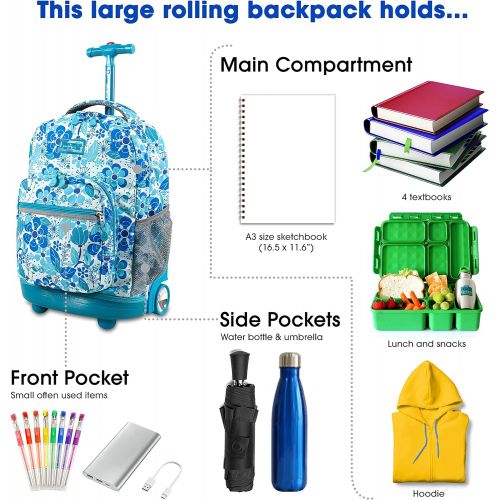  J World New York Sunrise Rolling Backpack. Roller Bag with Wheels, Blue Vine, 18