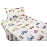 J-pinno Cute Cartoon Car School Bus Printed Twin Sheet Set for Kids Boy Children, 100% Cotton, Flat Sheet + Fitted Sheet + Pillowcase Bedding Set (car)