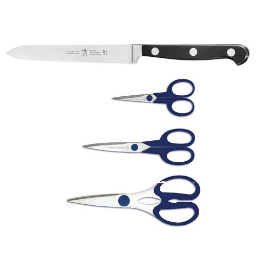  J.A. Henckels International Classic 5-Inch Serrated Utility Knife with 3-Piece Multi Purpose Scissors Set