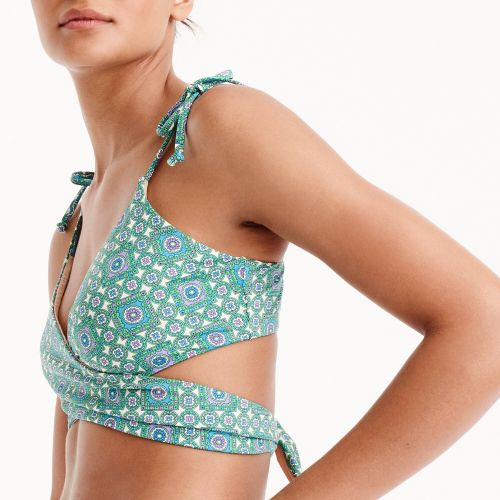 제이크루 Jcrew Longline wrap bikini top in emerald foulard print