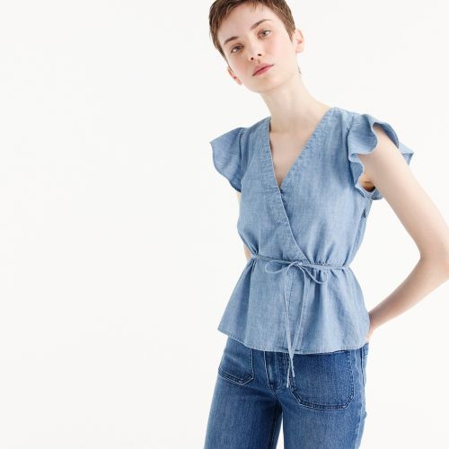 제이크루 Jcrew Flutter-sleeve wrap top in chambray