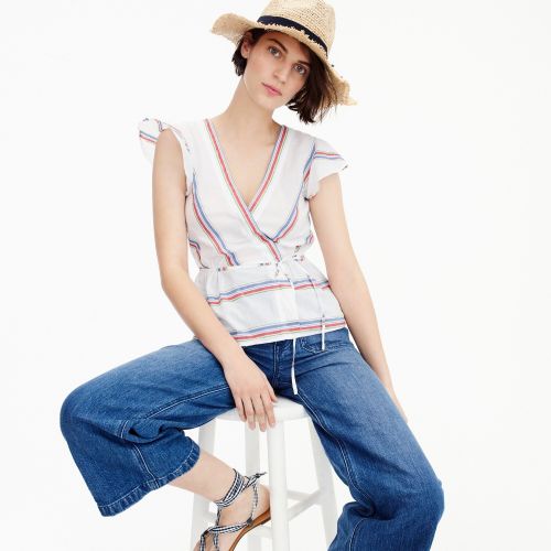 제이크루 Jcrew Tall flutter-sleeve wrap top in striped cotton voile