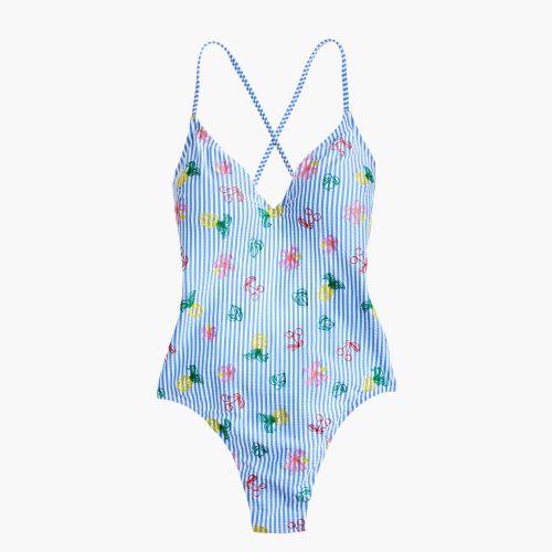 제이크루 Jcrew Seersucker V-neck one-piece swimsuit with embroidered fruit