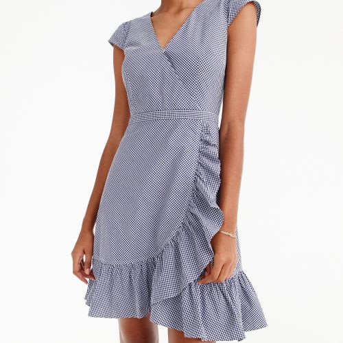 제이크루 Jcrew Faux-wrap mini dress in gingham cotton poplin