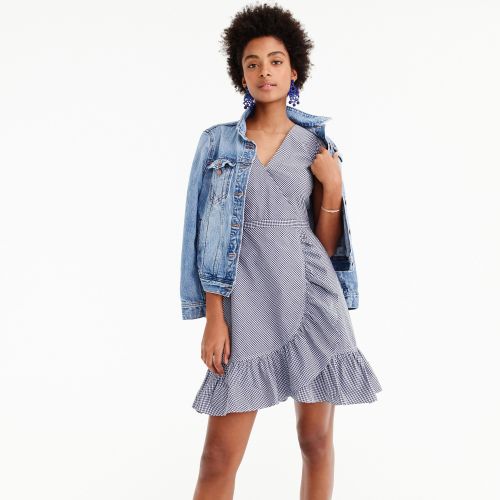 제이크루 Jcrew Faux-wrap mini dress in gingham cotton poplin