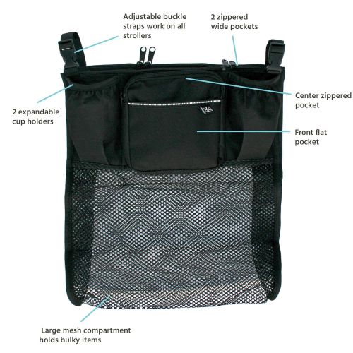  J.L. Childress Cups N Cargo, Universal Fit Stroller Organizer with Extra Large Storage, Expandable Deep Cup Holders, Multiple Zippered Pockets, Unique Large Mesh Bag for Larger Ite