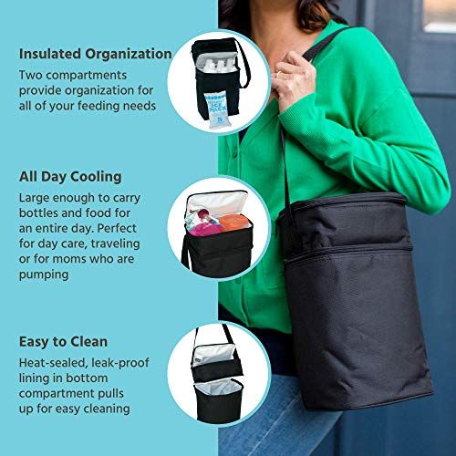  J.L. Childress 6 Bottle Cooler, Insulated Breastmilk Cooler and Lunch Bag for Baby Food and Bottles, Leak-Proof and Heat-Sealed, Ice Pack Included, Black