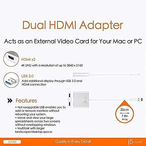  j5create USB to HDMI Adapter - Dual HDMI USB 3.0 Multi-Monitor Cable 4K Ultra HD Compatible with Microsoft 7, 8.1, 10 / Mac OS X v10.6 and Above