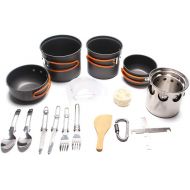 JACKBAGGIO New Aluminum Outdoor Camping Cookware Kits Cooking Picnic Bowl Pan Pot Sets w/Wood Stove Spoon for 3-4 People Durable&Lightweight