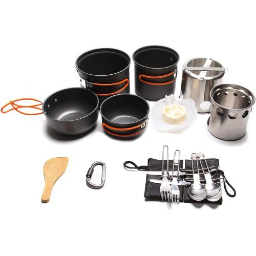  JACKBAGGIO New Aluminum Outdoor Camping Cookware Kits Cooking Picnic Bowl Pan Pot Sets w/Wood Stove Spoon for 3-4 People Durable&Lightweight